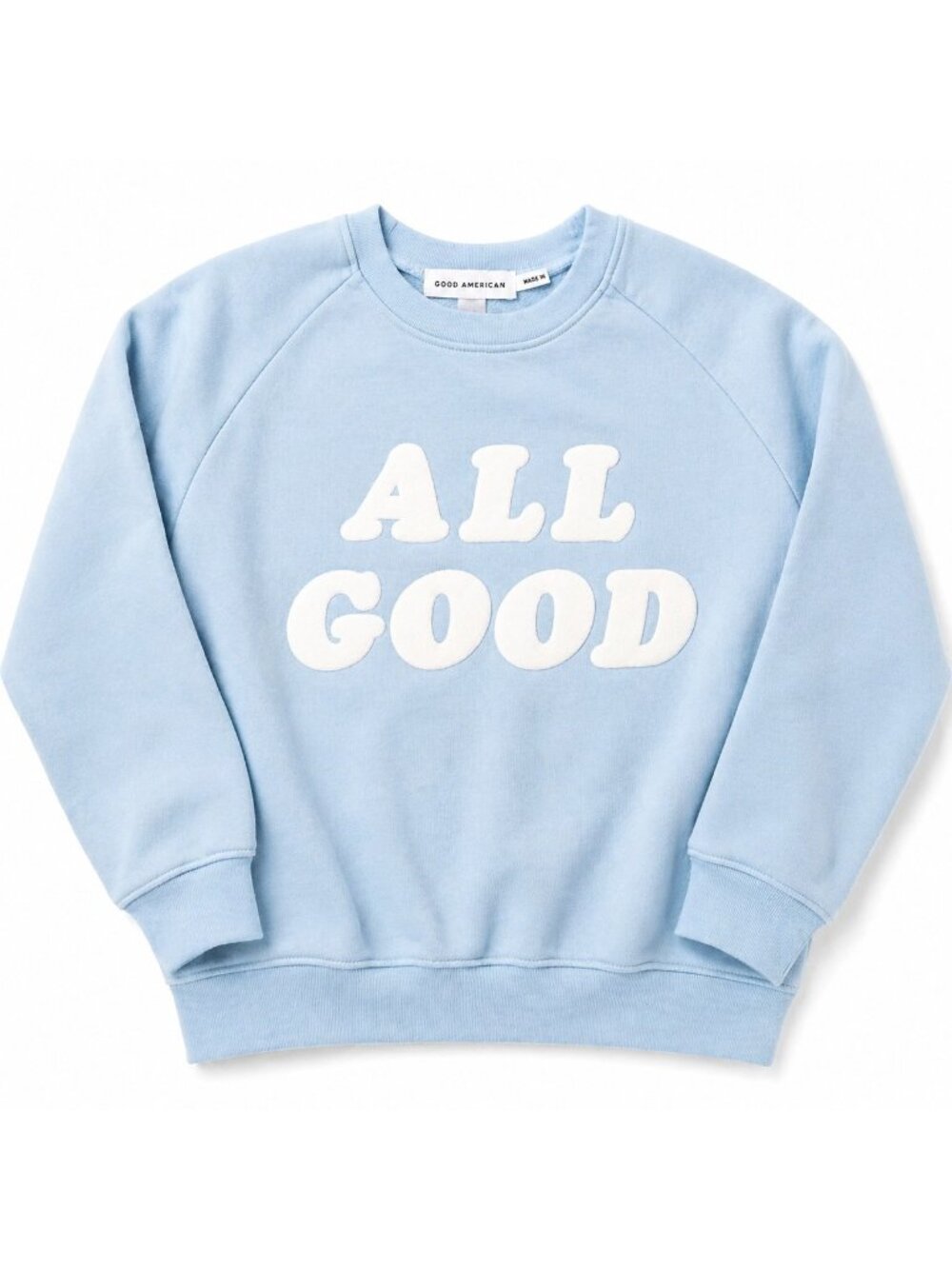 NEW Good American Kids 5/6 Sweatshirt  Blue “ALL‎ GOOD” Fleece Pullover Unisex
